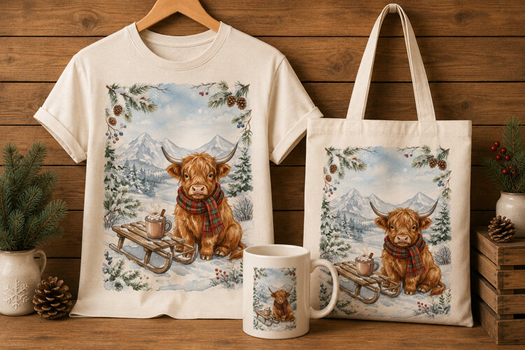 Highland Cow with Sled and Hot Cocoa Winter Art Print example image 1