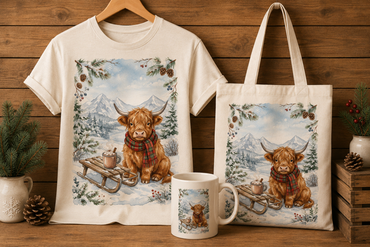 Highland Cow with Sled and Hot Cocoa Winter Art Print