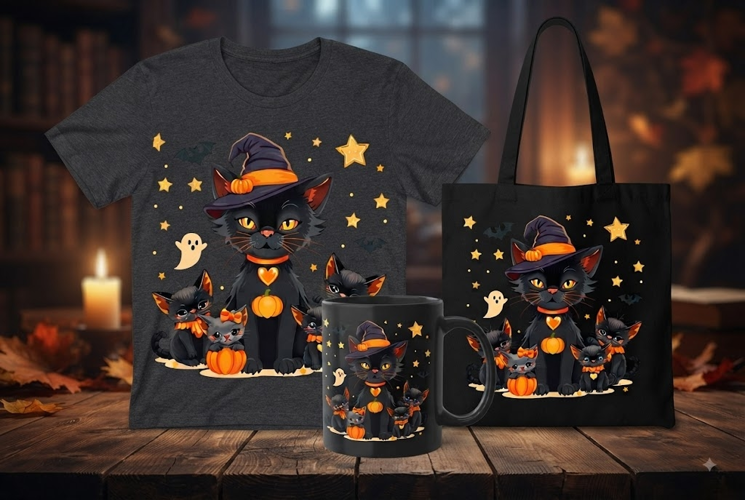 Halloween Black Cat Family PNG | Witch Hat & Pumpkins