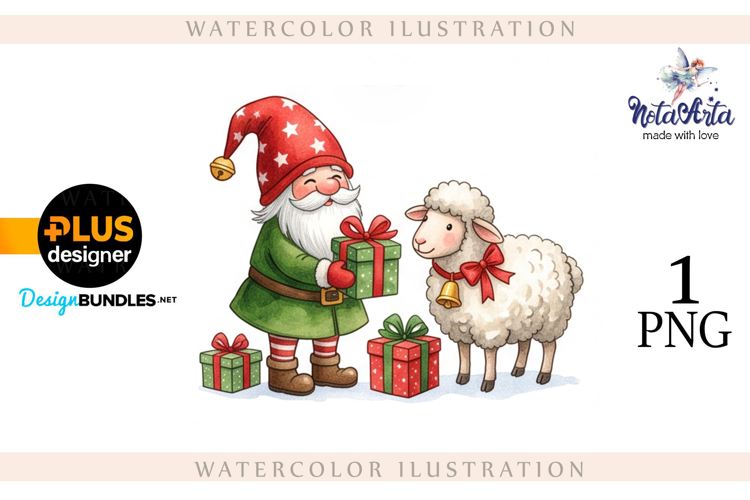 Christmas Gnome Santa with a Sheep in Watercolor Style