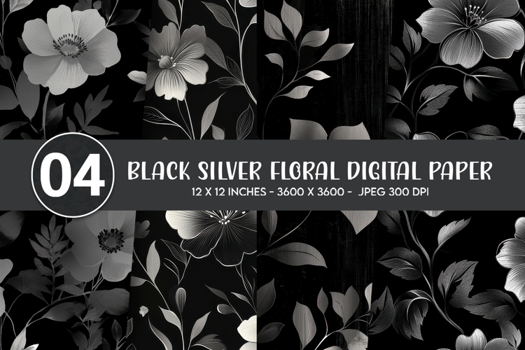 Black Silver Floral Digital Paper