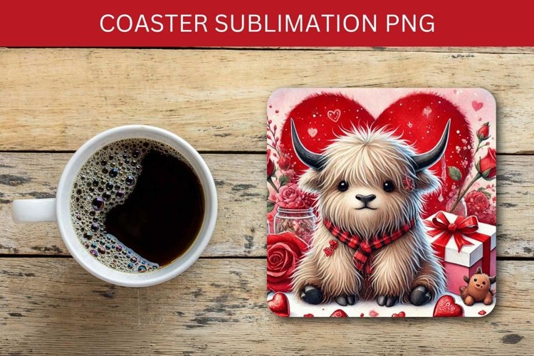 valentine square coaster - highland cow heart