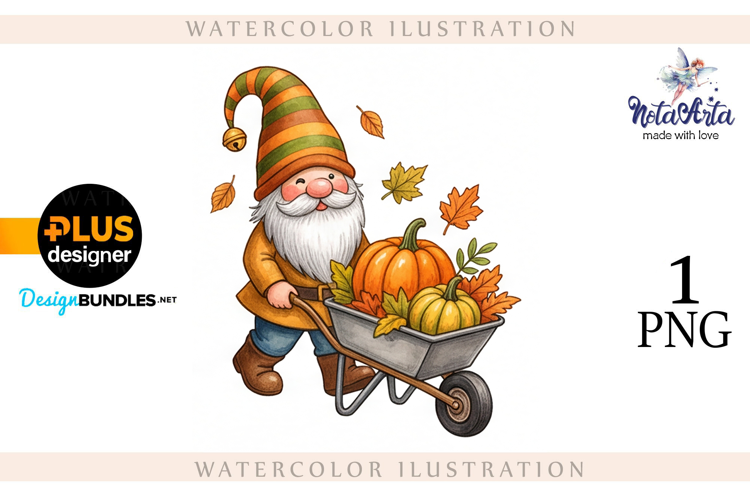 Gnomes with Pumpkin Harvest in Watercolor Style