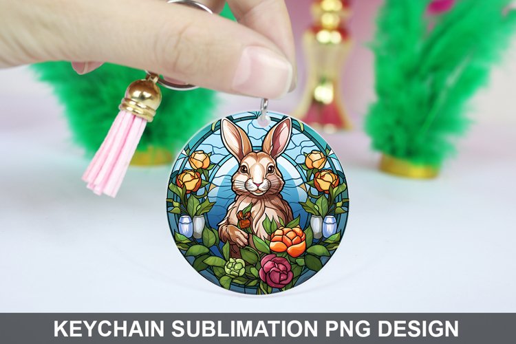 Bunny Round Keychain, Bunny Flowers Keychain Design example image 1