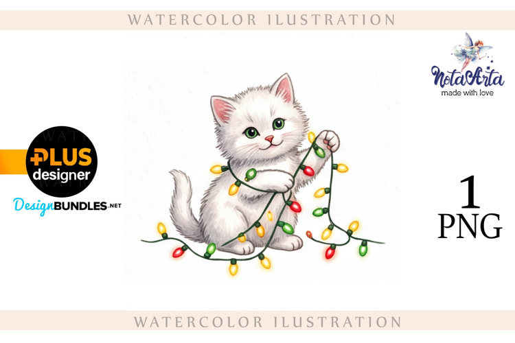 Christmas Kitten in Watercolor Style