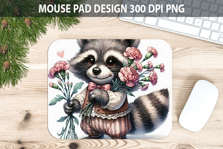 Watercolor Raccoon Mouse Pad Sublimation - Valentines PNG example image 1