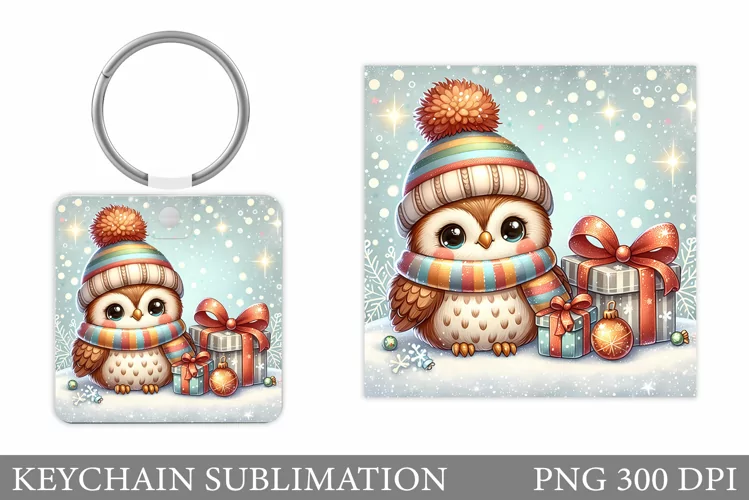 Christmas Owl Keychain. Christmas Keychain Sublimation