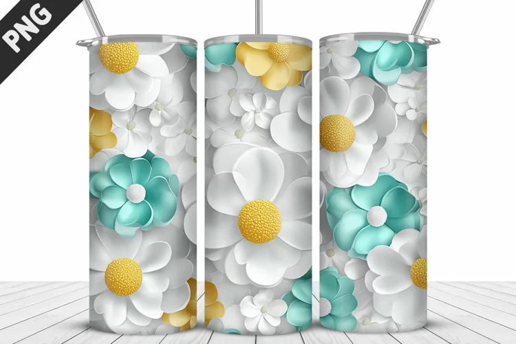 3D White Flowers Tumbler Wrap | Sublimation Design | Tumbler