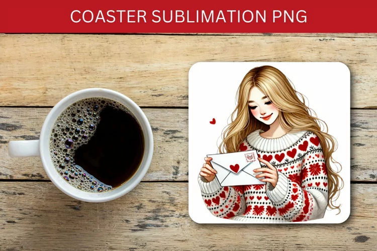 valentine square coaster - girl reading love letter