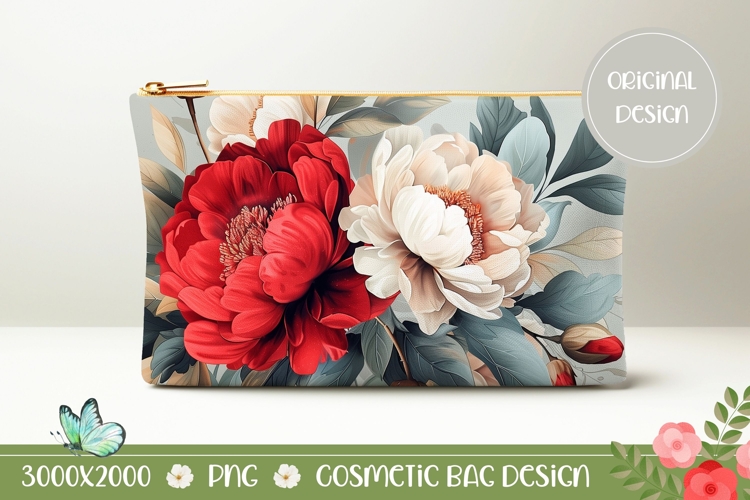 Red Flowers Cosmetic Bag Print, Floral Cosmetic Bag Design