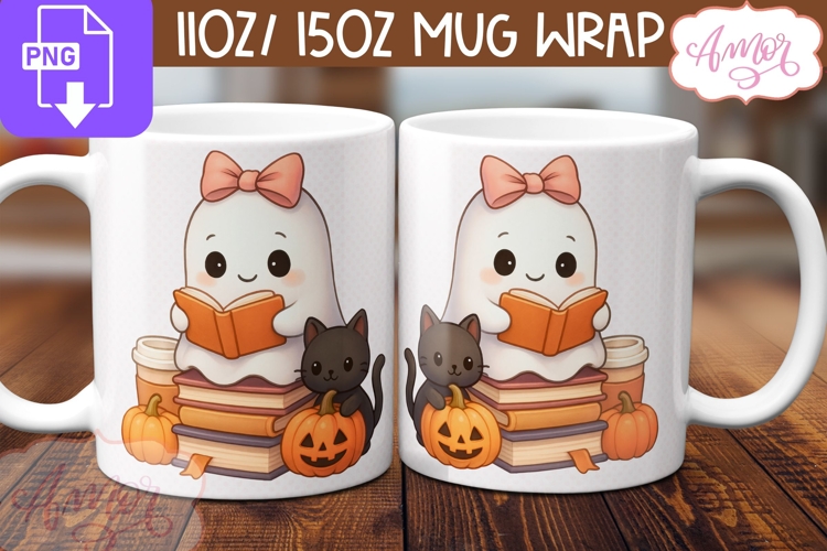 Cute Halloween mug wrap PNG, Book lover mug template