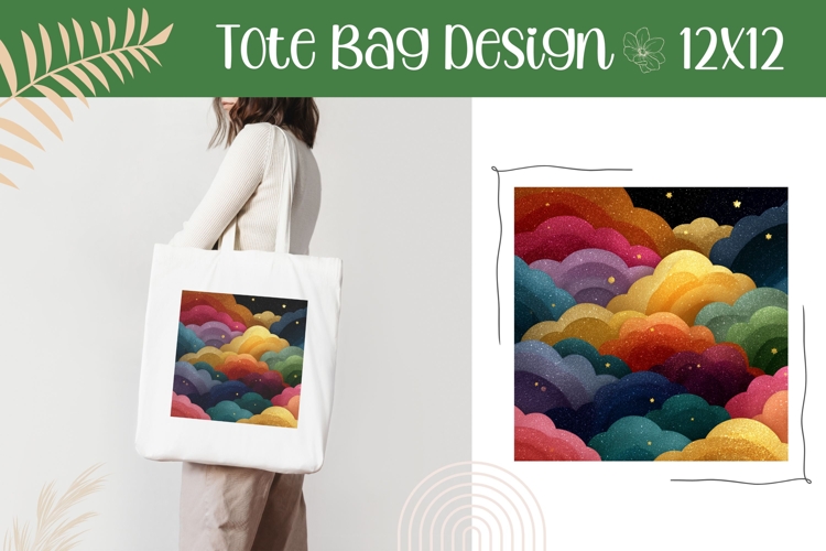 Glitter Clouds Illustration, Night Sky Tote Bag Template