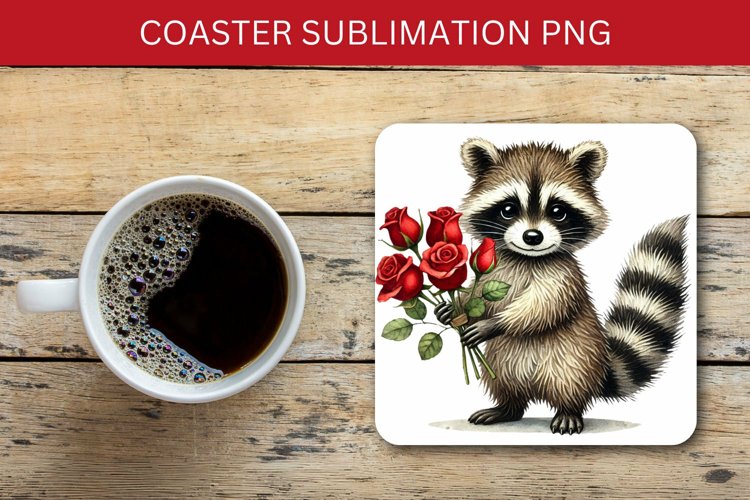 valentine square coaster - racoon red roses example image 1