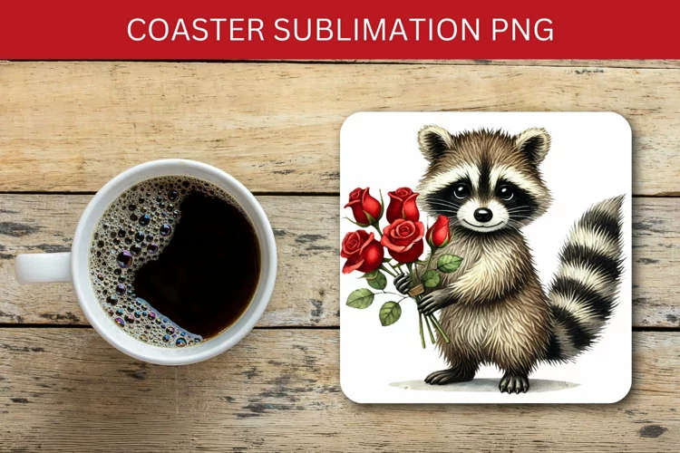 valentine square coaster - racoon red roses