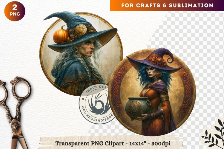 Dark Fantasy Halloween Witches Medallion Clipart sublimation