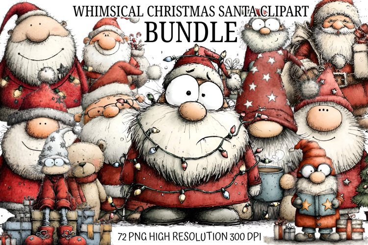 Whimsical Christmas Santa Clipart | Cute Holiday Santa PNG S