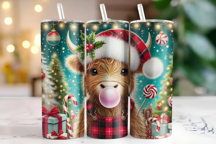 Christmas Highland Cow Tumbler Wrap | Sublimation | Tumblers
