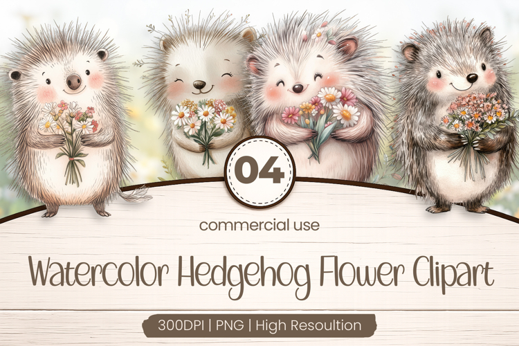 Watercolor Hedgehog Flower Clipart PNG