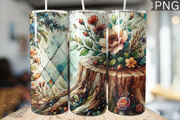 Watercolor Flower Wooden Stump Tumbler - High Quality 3Dpi