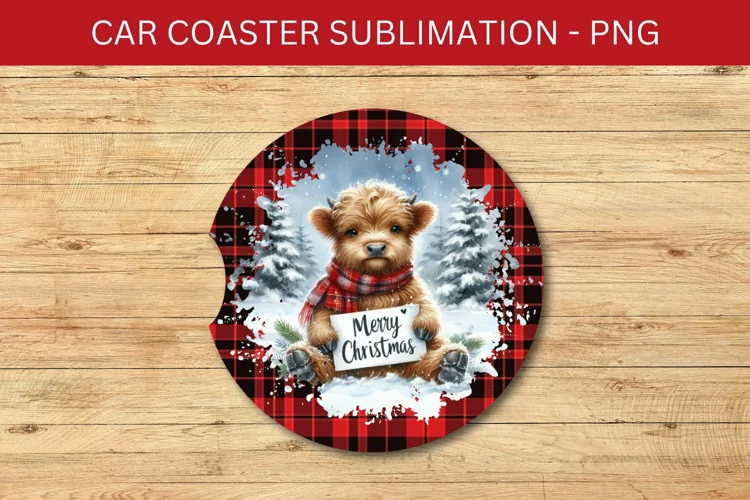 rounded car coaster - plaid highland cow