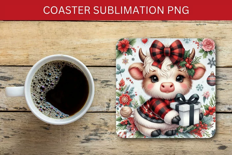 square coaster - plaid highland cow