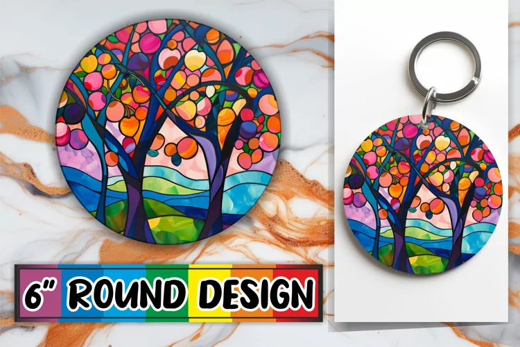 Round Design Colorful Stained Glass Tree Keychain