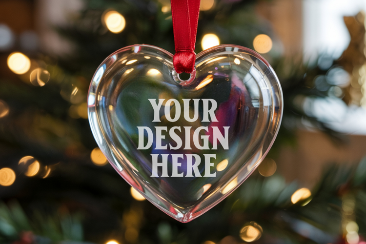 Christmas Heart Crystal Glass Ornament Mockup | Clear Heart