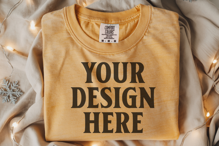 Mustard Comfort Colors 1717 Christmas Folded T-Shirt Mockup