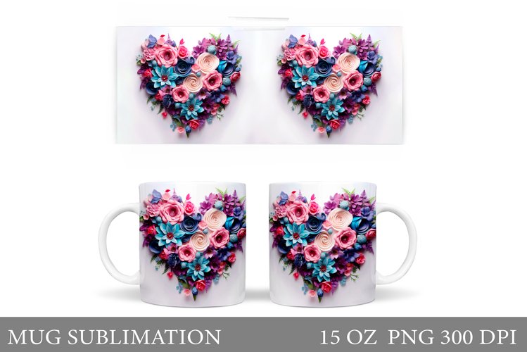 3D Flowers Heart Mug Sublimation. Flowers Mug Wrap Design example image 1