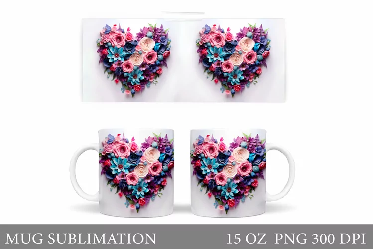 3D Flowers Heart Mug Sublimation. Flowers Mug Wrap Design