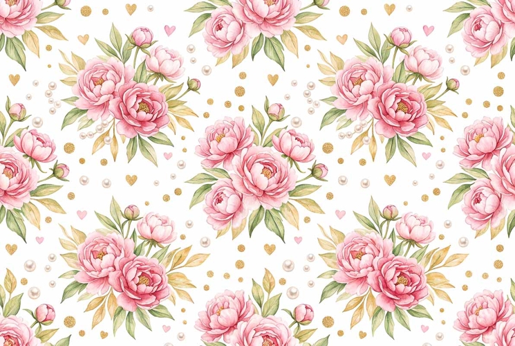 Watercolor seamless pink peonies, pearls, gold dots