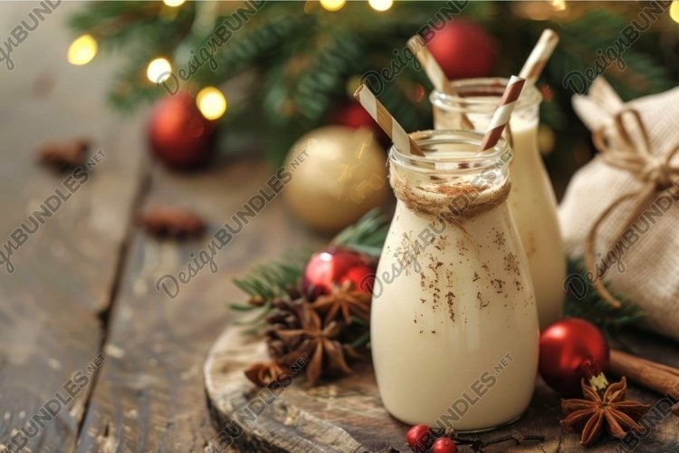 Festive homemade eggnog in glass bottles example image 1