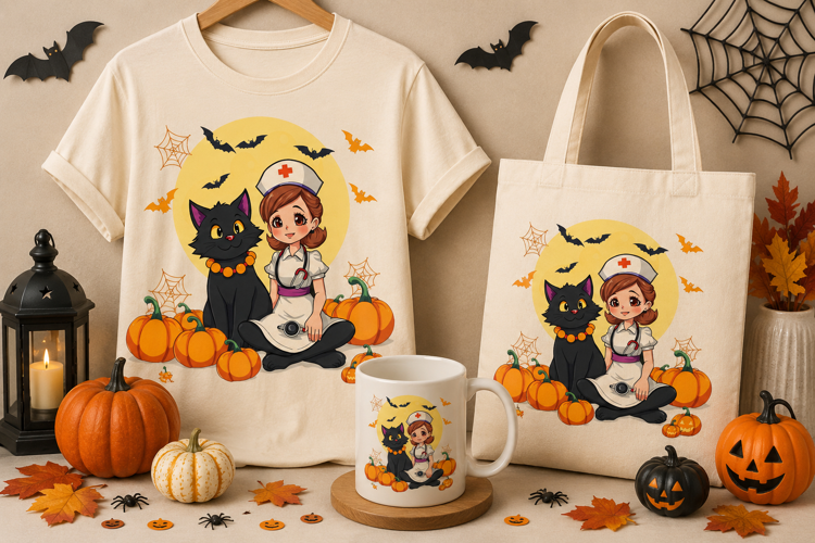 Halloween Nurse & Black Cat PNG | Spooky Nurse Halloween