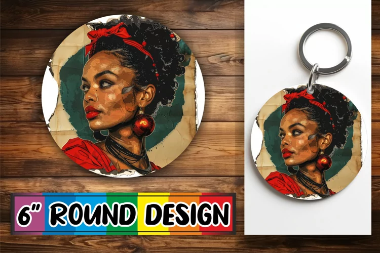 Winter Holiday Keychain Round Design Woman Portrait Art