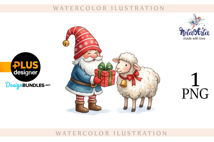 Christmas Gnome Santa with a Sheep in Watercolor Style