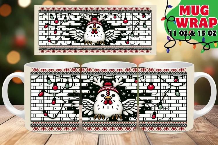 3D Xmas Wall Cheer Mug Wrap 11oz Printable Art