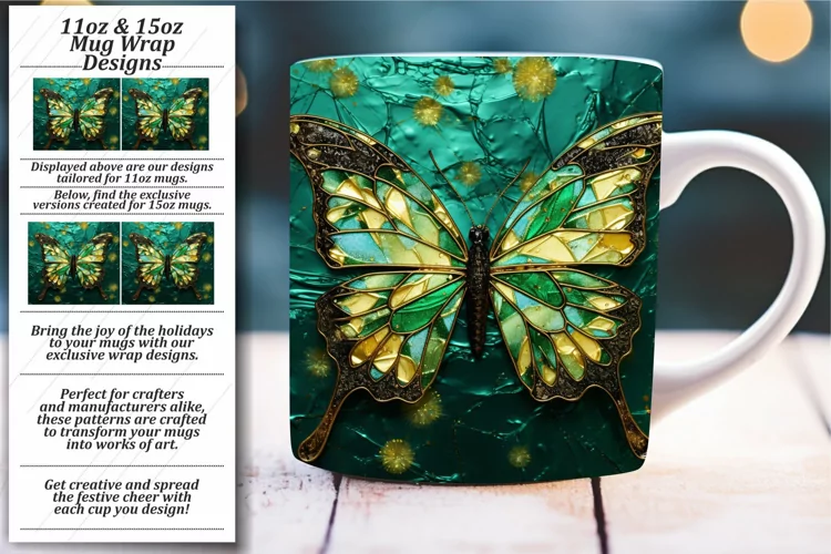 Radiant Glossy Wings: 3D Butterfly Mug Wrap 11oz 15oz