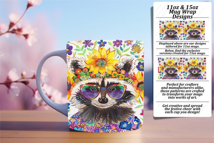 Joyful Raccoon   Flower Wrap for 11oz/15oz Mug