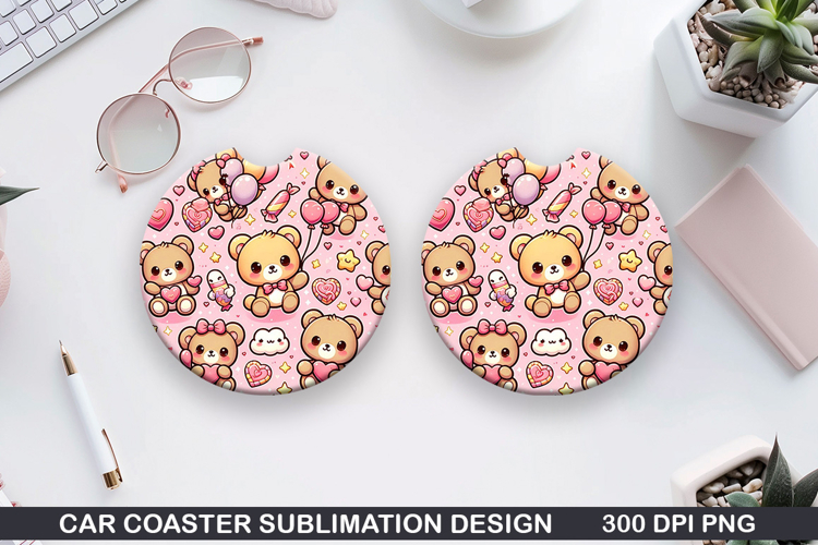 Kawaii Bear Car Coaster Sublimation |Valentine Coaster PNG