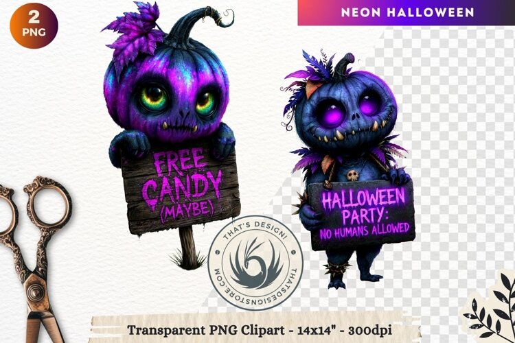 Neon Halloween Character Clipart Spooky Kawaii example image 1