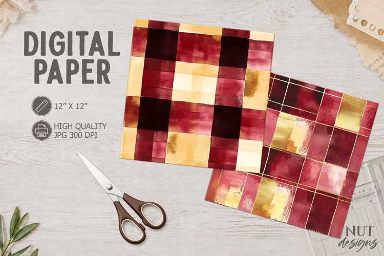 Burgundy Gold Digital Paper Christmas Watercolor background