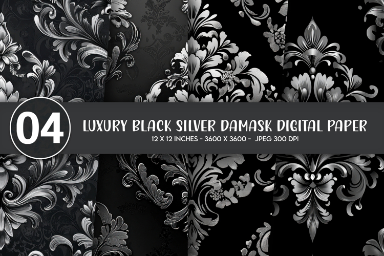 Luxury Black Silver Damask Digital Paper