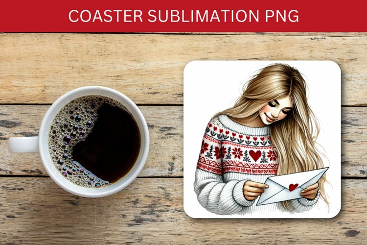 valentine square coaster - girl reading love letter example image 1