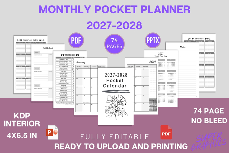 2027-2028 Pocket Planner   Calendar Printable Editable KDP