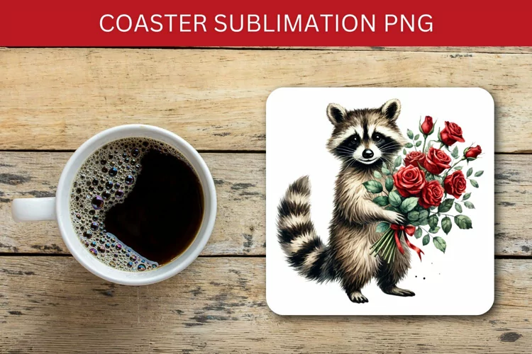 valentine square coaster - racoon red roses