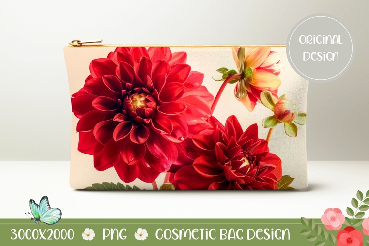 Red Flowers Cosmetic Bag Print, Floral Cosmetic Bag PNG