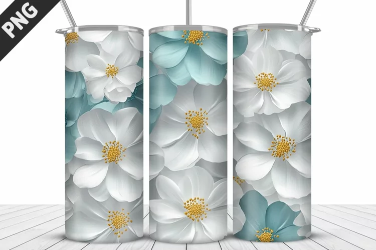 3D White Flowers Tumbler Wrap | Sublimation Design | Tumbler