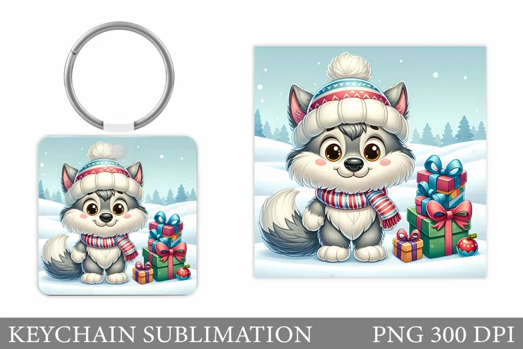 Christmas Wolf Keychain. Christmas Keychain Sublimation