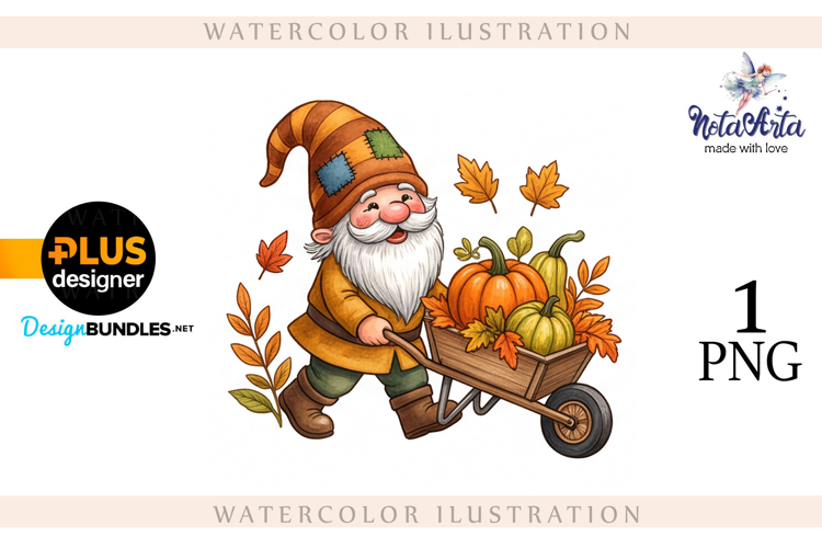Gnomes with Pumpkin Harvest in Watercolor Style
