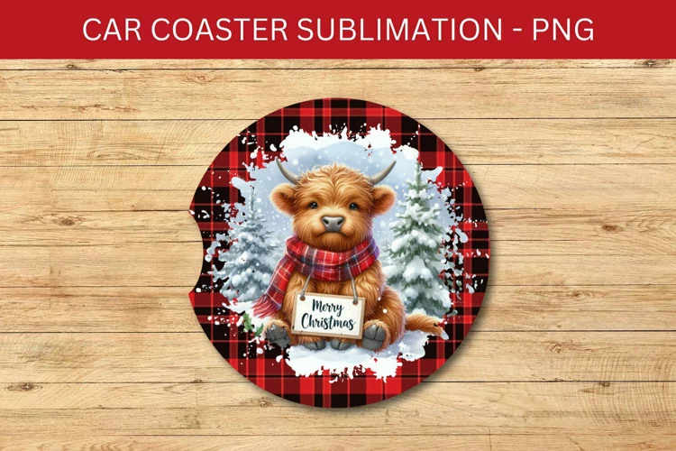 rounded car coaster - plaid highland cow